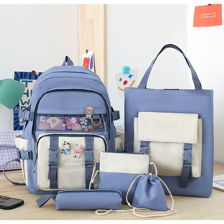 5 Piece Aesthetic School Backpack Set Blue Oxford Fabric Fits 14 Inch Laptop