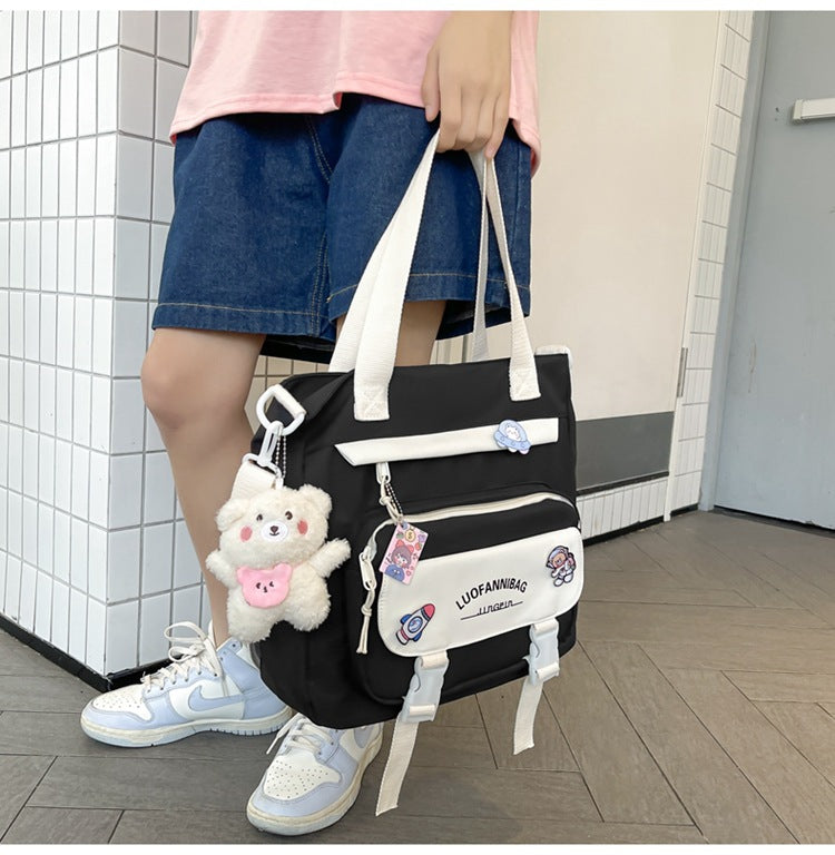 Women's Kawaii Blue Shoulder Bag with Cute Bear Plush Charm and 4 Badges Large Capacity Nylon Tote School Handbag