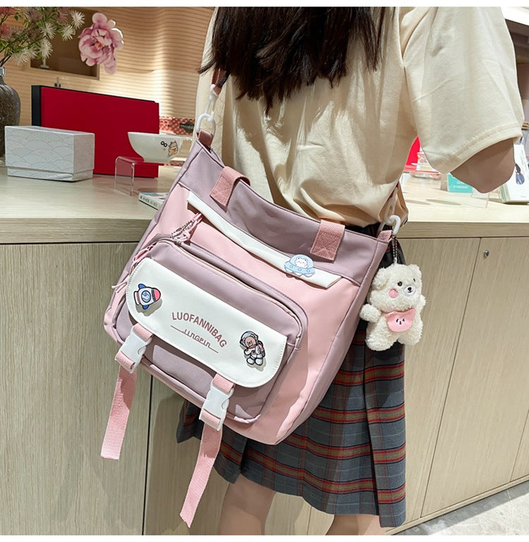 Women's Kawaii Blue Shoulder Bag with Cute Bear Plush Charm and 4 Badges Large Capacity Nylon Tote School Handbag 3