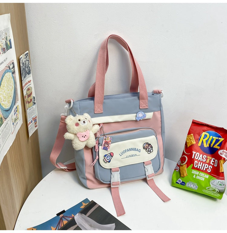 Women's Kawaii Pink Shoulder Bag with Cute Bear Plush Charm and 4 Badges Large Capacity Nylon Tote School Handbag 5