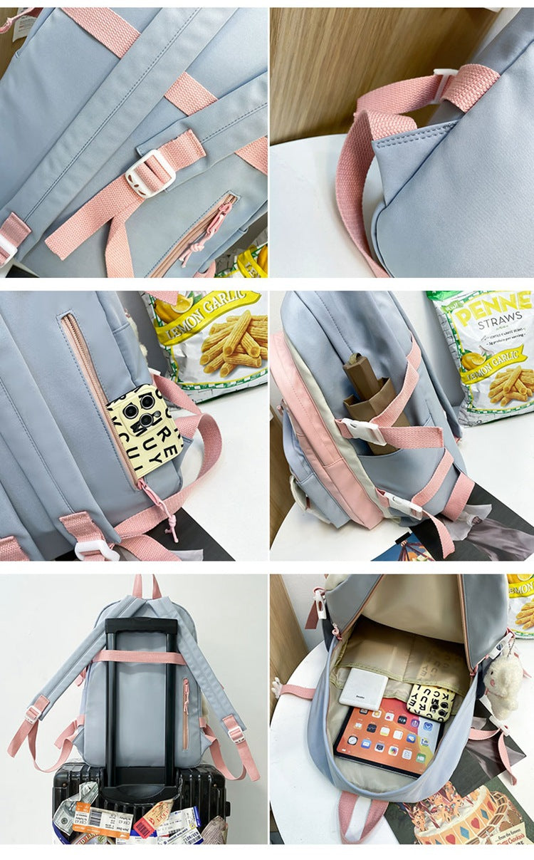 Women's Large Aesthetic School Backpack Pink Nylon Daypack with Cute Bear Plushie & Pins For High School and University 6