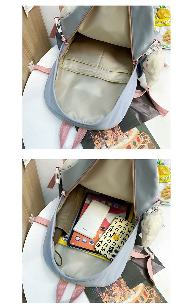 Women's Large Aesthetic School Backpack Pink Nylon Daypack with Cute Bear Plushie & Pins For High School and University 7