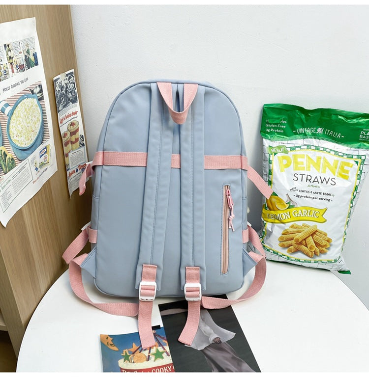 Women's Large Aesthetic School Backpack Blue Nylon Daypack with Cute Bear Plushie & Pins For High School and University 3