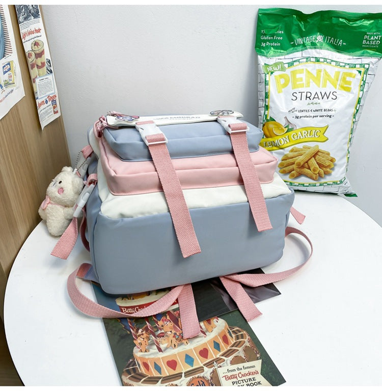 Women's Large Aesthetic School Backpack Purple Nylon Daypack with Cute Bear Plushie & Pins For High School and University 4