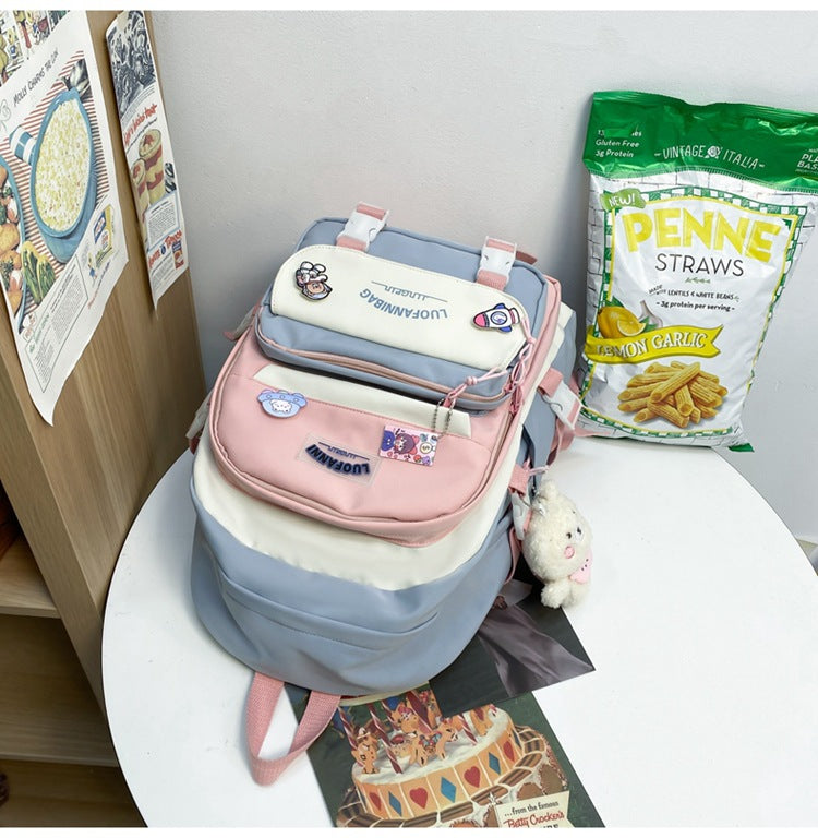 Women's Large Aesthetic School Backpack Purple Nylon Daypack with Cute Bear Plushie & Pins For High School and University 5