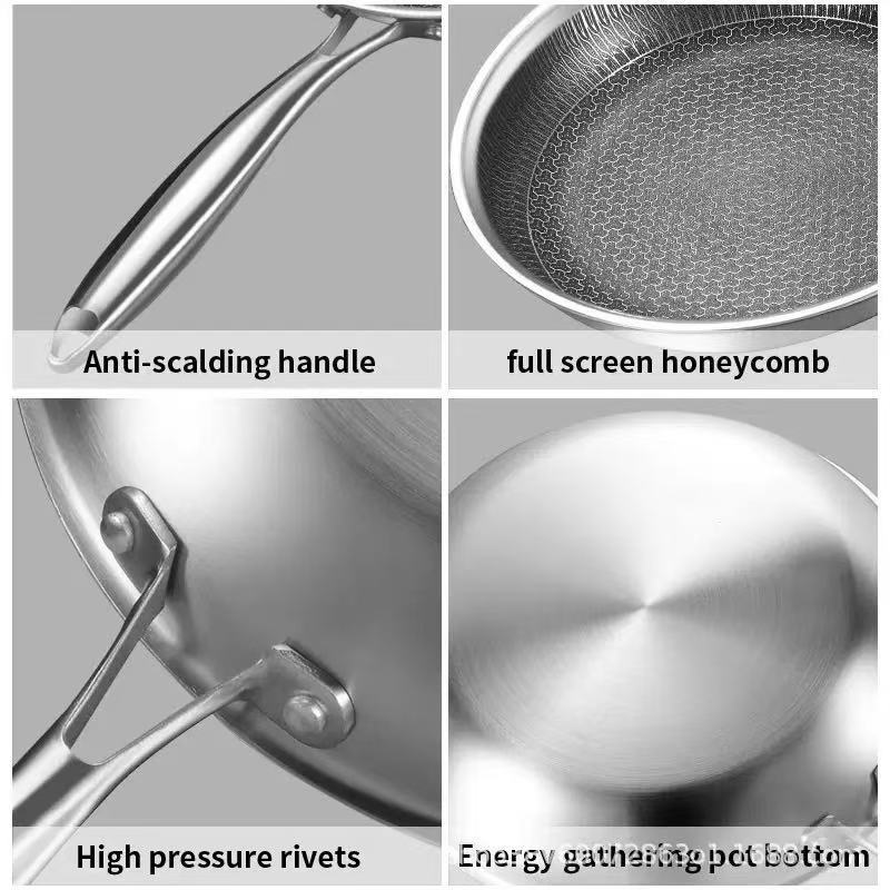 Stainless Steel Non-Stick Frying Pan 28CM Honeycomb Wok Skillet with Lid Induction Compatible Cookware Silver 3