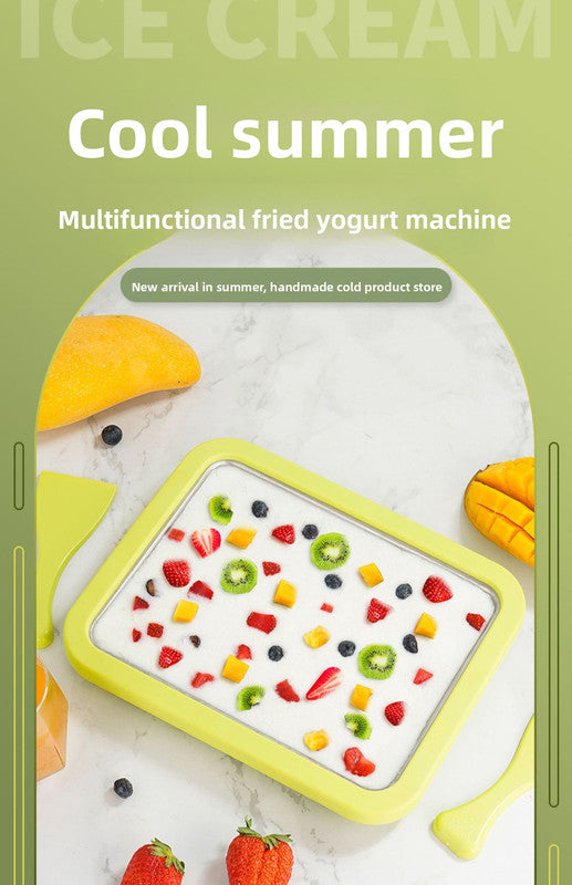 Green DIY Rolled Ice Cream Maker Pan Instant Frozen Yoghurt & Sorbet Tray 304 Stainless Steel No Electricity Required with Spatulas 3