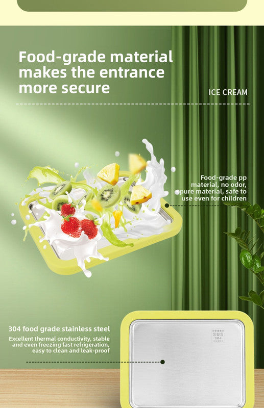 Green DIY Rolled Ice Cream Maker Pan Instant Frozen Yoghurt & Sorbet Tray 304 Stainless Steel No Electricity Required with Spatulas 7
