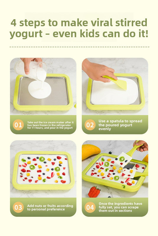 Green DIY Rolled Ice Cream Maker Pan Instant Frozen Yoghurt & Sorbet Tray 304 Stainless Steel No Electricity Required with Spatulas 8