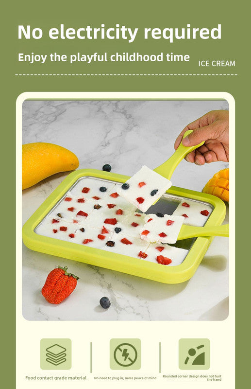 Green DIY Rolled Ice Cream Maker Pan Instant Frozen Yoghurt & Sorbet Tray 304 Stainless Steel No Electricity Required with Spatulas 10
