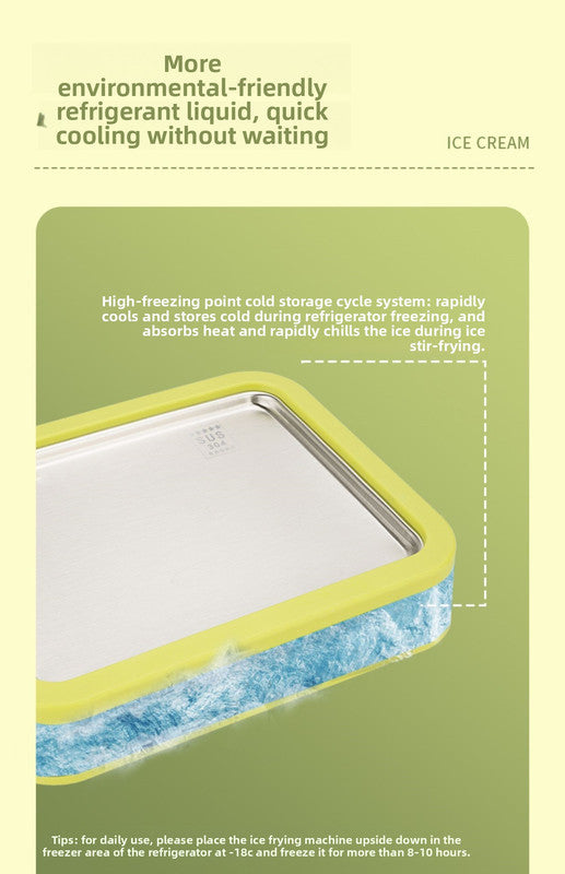 Green DIY Rolled Ice Cream Maker Pan Instant Frozen Yoghurt & Sorbet Tray 304 Stainless Steel No Electricity Required with Spatulas 11