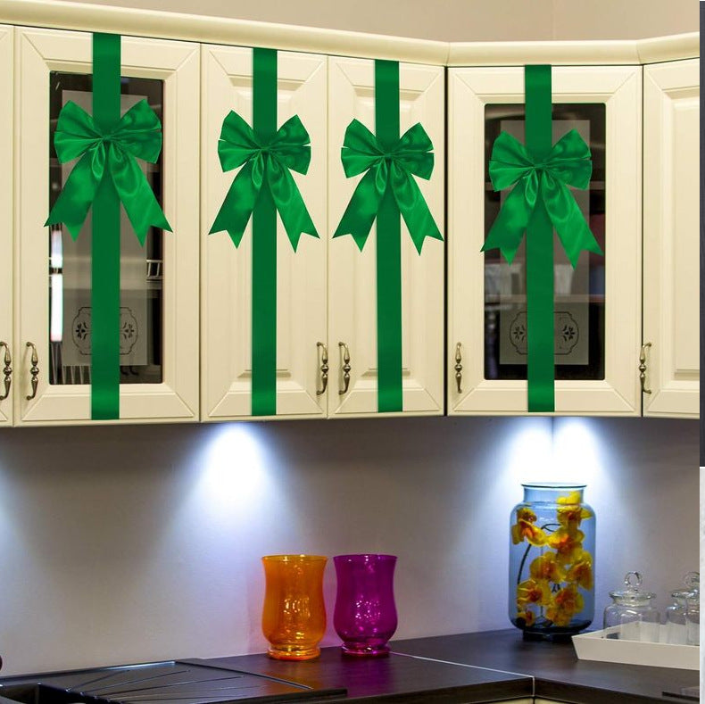 Green Satin Cabinet Door Bows 5 Pack - Large Pre-made Ribbon with Velcro Attachment for Kitchen Cupboards, Weddings, Gift Wrapping & Party Decor - Adjustable Fit 5