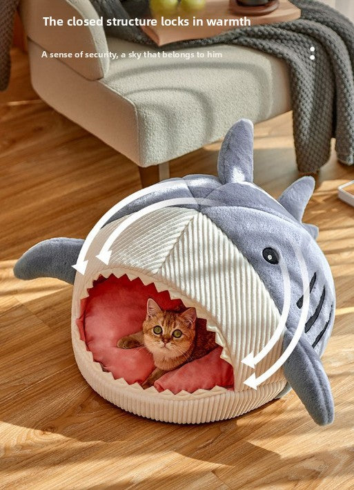 Novelty Shark Pet Cave Bed Enclosed Cozy Sleeping Nest for Cats and Small Dogs Soft Flannel Year Round Comfort Light Gray S Size 5