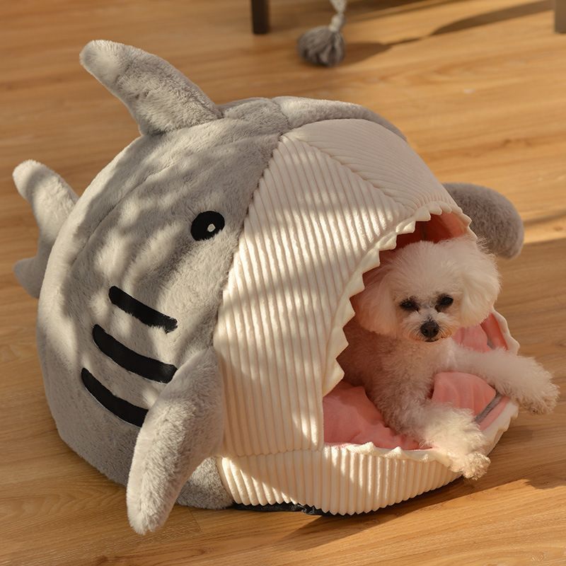 Novelty Shark Pet Cave Bed Enclosed Cozy Sleeping Nest for Cats and Small Dogs Soft Flannel Year Round Comfort Light Blue M Size 4