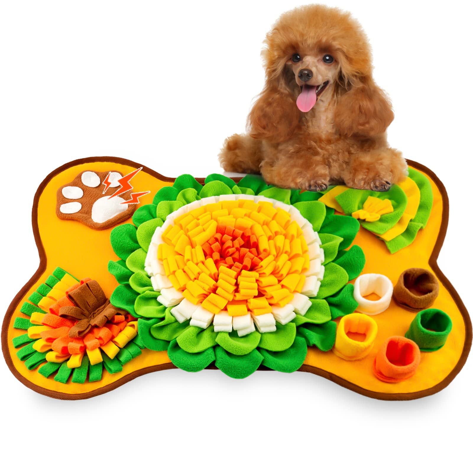 Interactive Dog Snuffle Mat Bone Shape 64x43cm - Slow Feeder & Foraging Puzzle Toy - Golden Yellow Fleece Nosework Pad for Anxiety Relief & Mental Stimulation 3