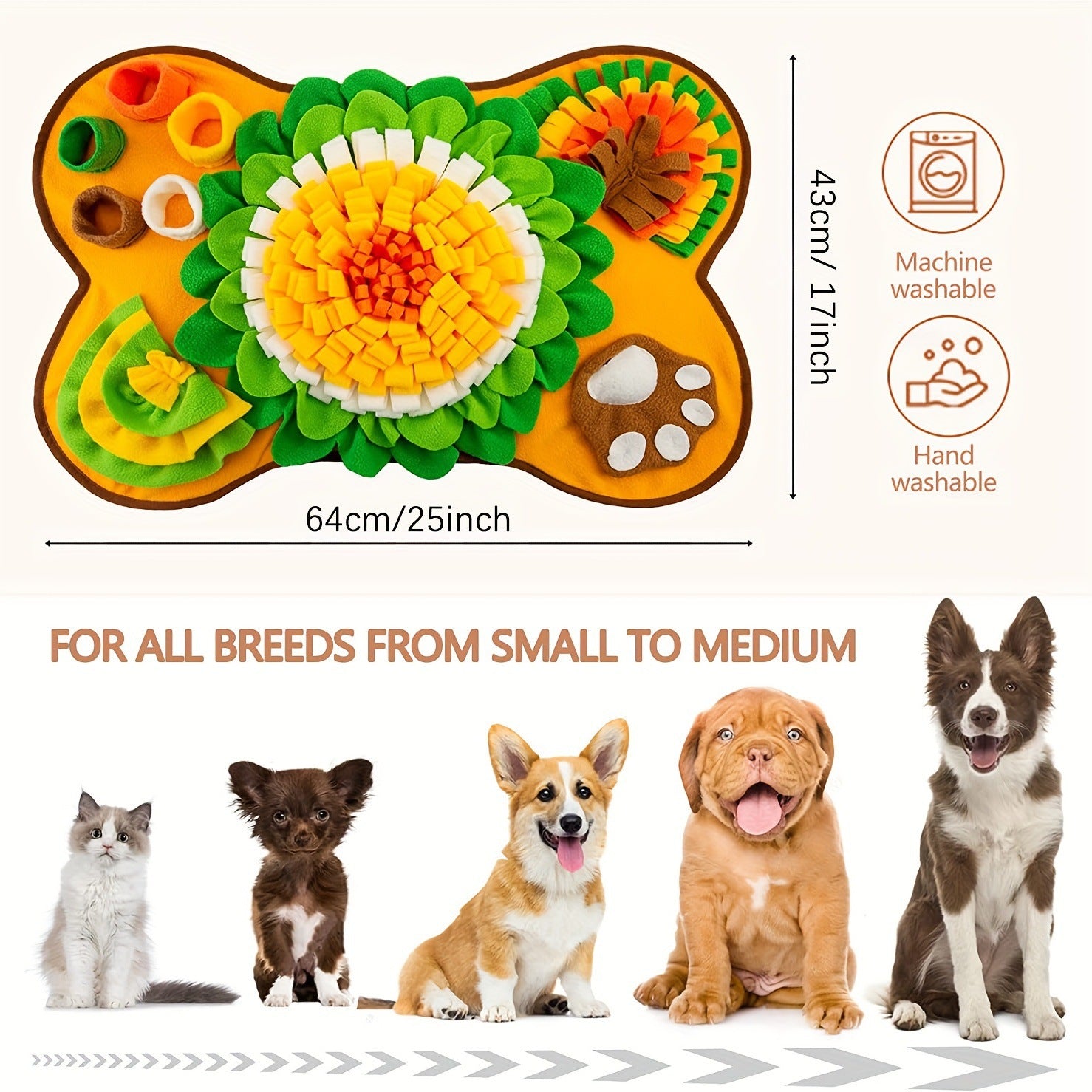 Interactive Dog Snuffle Mat Bone Shape 64x43cm - Slow Feeder & Foraging Puzzle Toy - Golden Yellow Fleece Nosework Pad for Anxiety Relief & Mental Stimulation 5