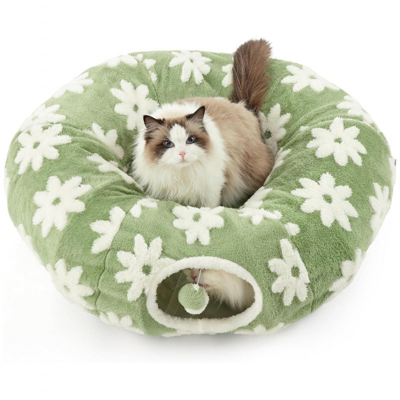 2-in-1 Cat Tunnel Bed Green Daisy 80cm - Plush Donut Pet Cave & Play Tube - Detachable Washable Cushion & Interactive Hanging Toy for Indoor Cats 5