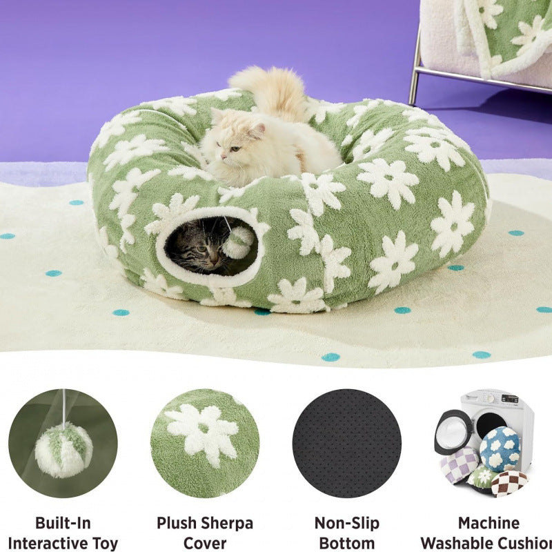 2-in-1 Cat Tunnel Bed Blue Daisy 80cm - Plush Donut Pet Cave & Play Tube - Detachable Washable Cushion & Interactive Hanging Toy for Indoor Cats 3