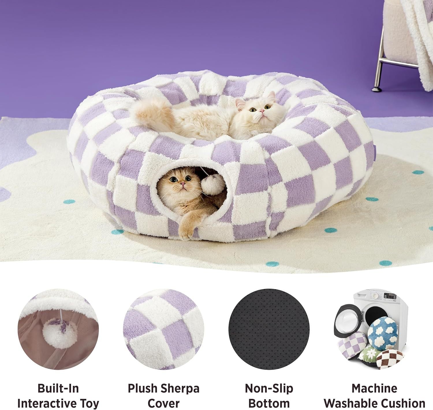 2-in-1 Cat Tunnel Bed Blue Daisy 80cm - Plush Donut Pet Cave & Play Tube - Detachable Washable Cushion & Interactive Hanging Toy for Indoor Cats 8