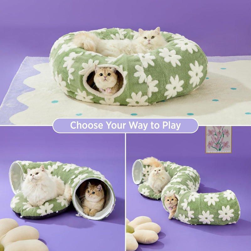 2-in-1 Cat Tunnel Bed Coffee Brown Daisy 80cm - Plush Donut Pet Cave & Play Tube - Detachable Washable Cushion & Interactive Hanging Toy for Indoor Cats 4