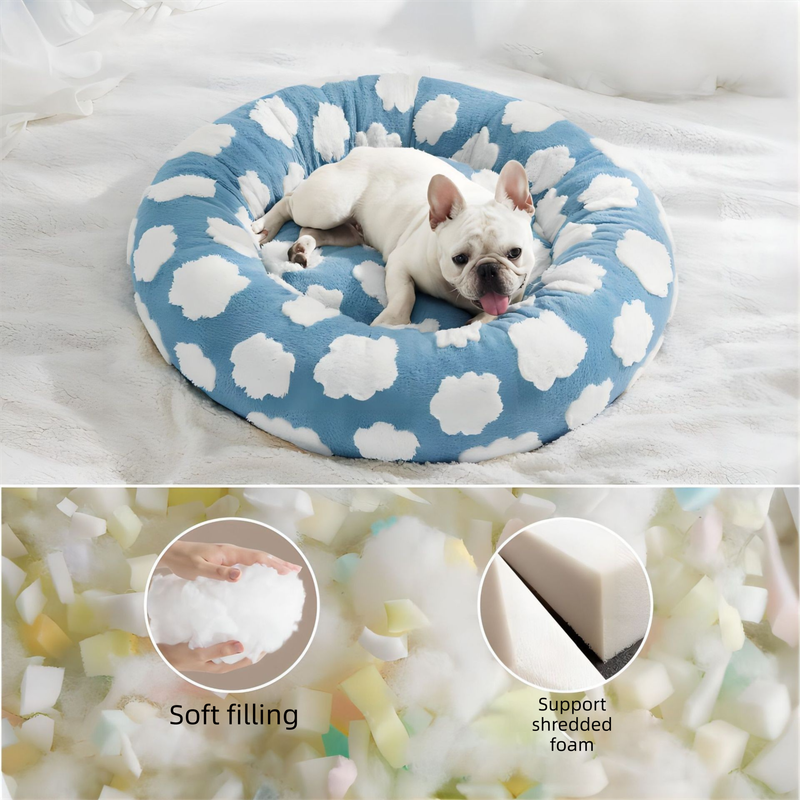 50cm Round Pet Bed Blue Sky & Clouds Design - Soft Plush Donut Cuddler for Small Dogs & Cats - Calming Anxiety Relief & All-Season Comfort 6