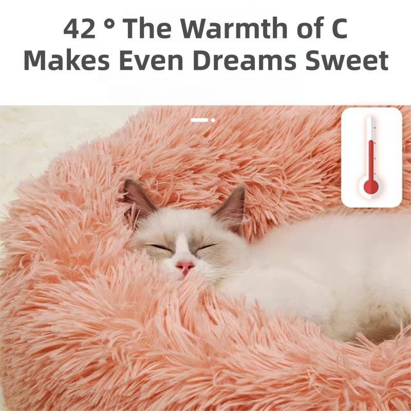 Rainbow Colors Cozy Donut Long Plush Cat & Dog Calming Bed(Diameter 50cm) - Double-Layer PP Cotton Filling Warming Pet Bed with Anti-Slip Base & Free Blanket 5