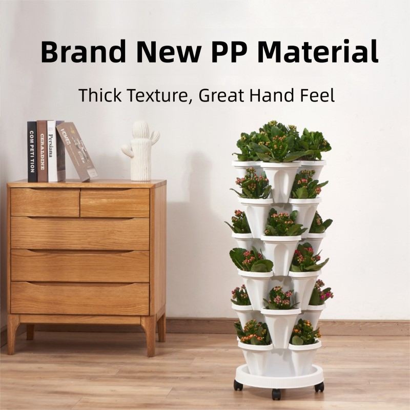 Pink 3-Tier Stackable Strawberry & Vegetable Planter with Mobile Wheel Tray - Space-Saving Vertical Gardening System 3