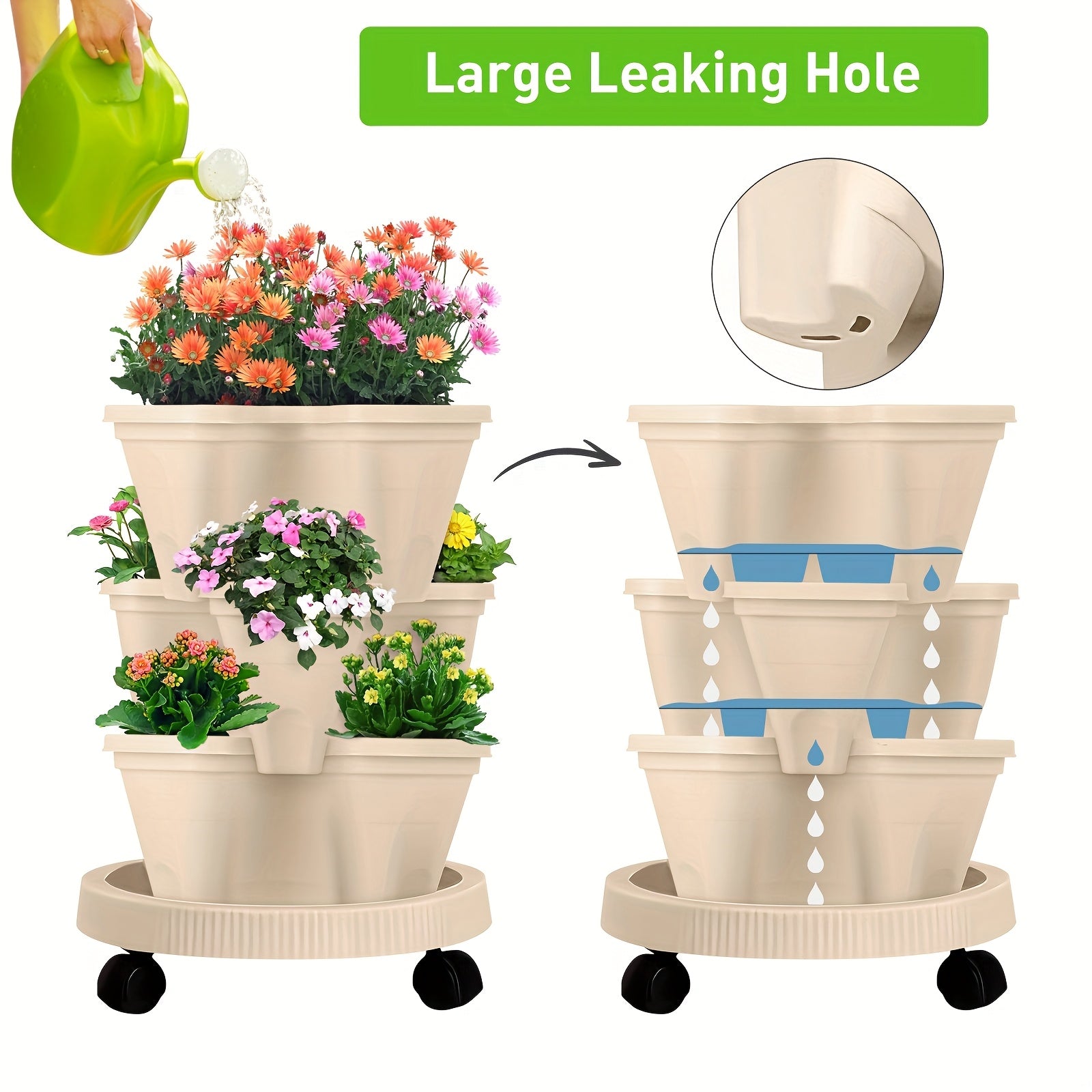 Red 3-Tier Stackable Strawberry & Vegetable Planter with Mobile Wheel Tray - Space-Saving Vertical Gardening System 5