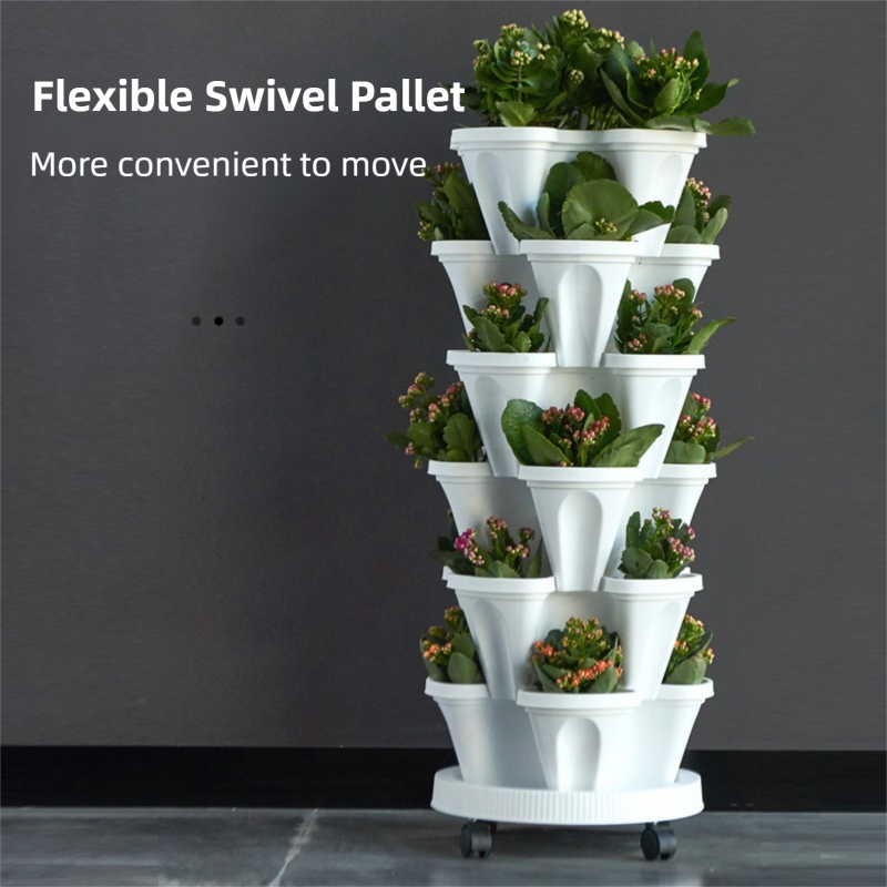 Beige 3-Tier Stackable Strawberry & Vegetable Planter with Mobile Wheel Tray - Space-Saving Vertical Gardening System 4
