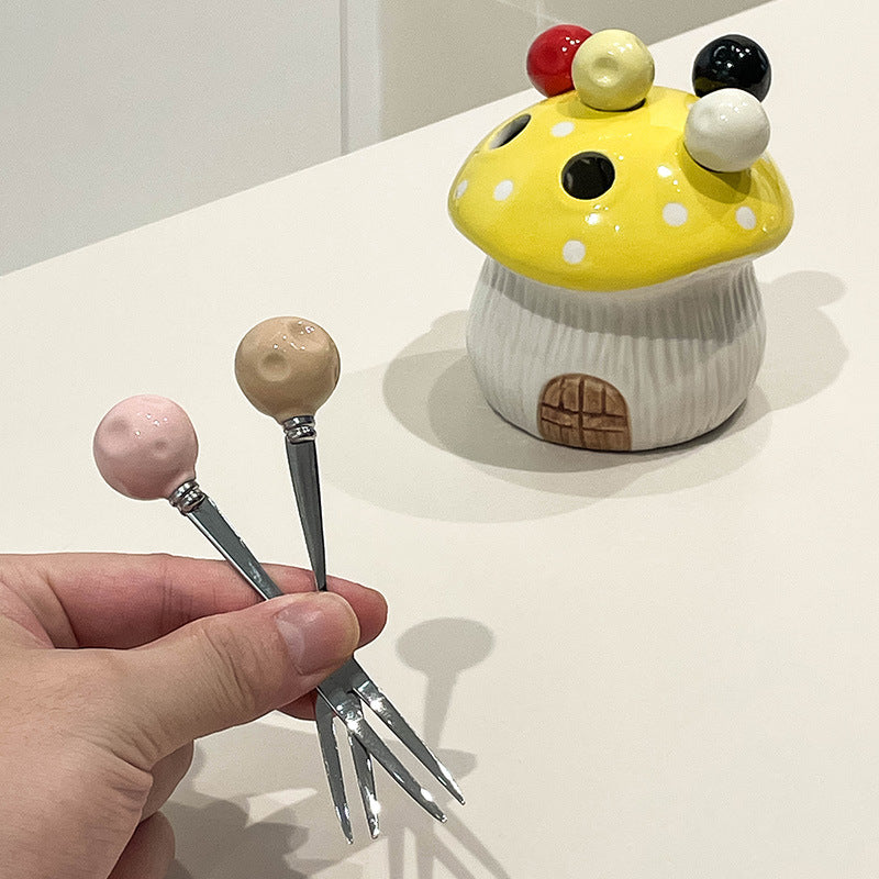 Yellow Cute Cartoon Mushroom Mirror Polished Cutlery Jar with 6-Piece Stainless Steel Fruit Fork Set - Dessert Picks/Appetizer Forks 3