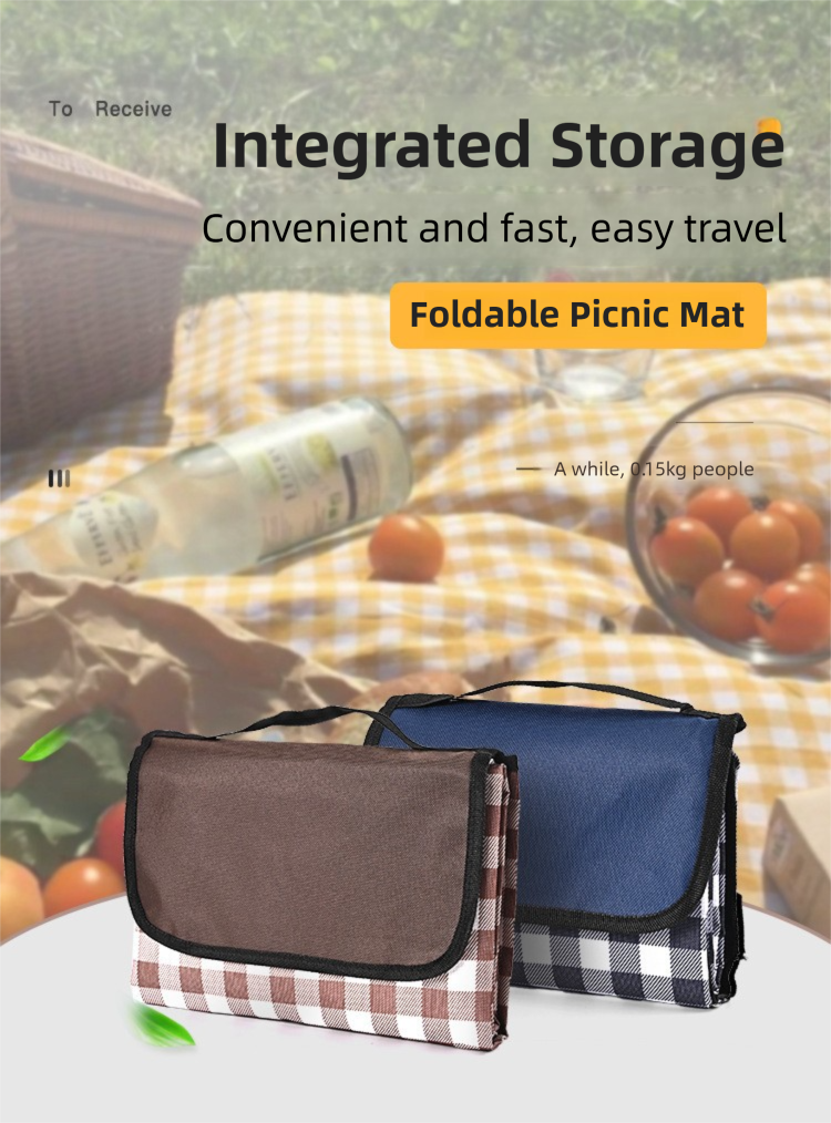 Coffee White Grid Foldable Waterproof & Moisture-Proof Picnic Blanket 150x100CM - 600D Three-Layer Composite Oxford Extra Large Mat for Beach & Camping