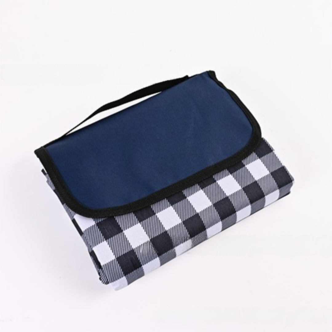 Dark Blue Lattice Foldable Waterproof & Moisture-Proof Picnic Blanket 150x100CM - 600D Three-Layer Composite Oxford Extra Large Mat for Beach & Camping
