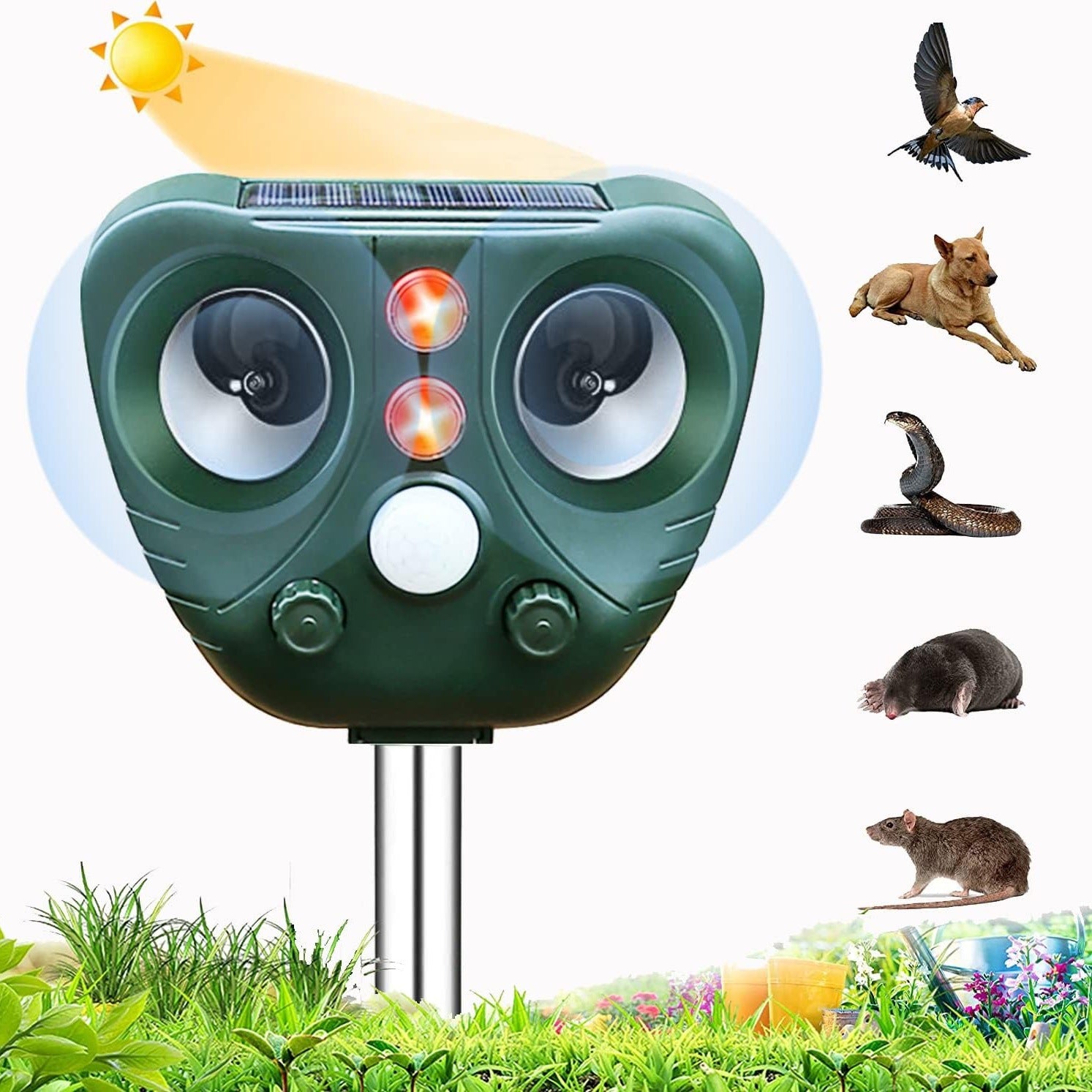 Model 703 Solar Powered Animal Repeller - Advanced Ultrasonic, Alarm & Flashing Light System