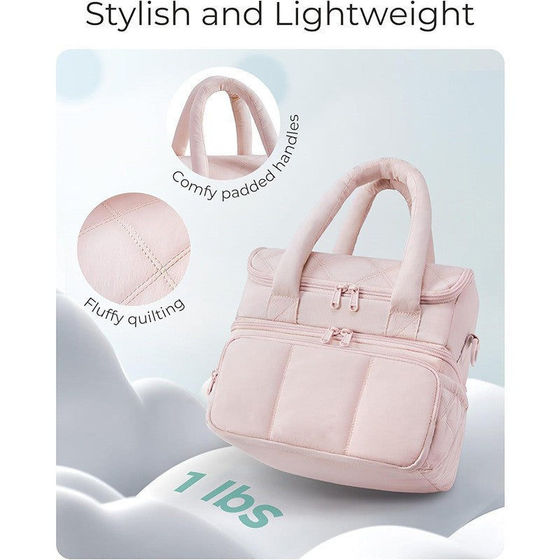 Pink Double-Layer Insulated Quilted Puffer Lunch Bag(10 x 7 x 10 inch) - Large Capacity Picnic Cooler Tote, Long-Lasting Hot/Cold Retention 4