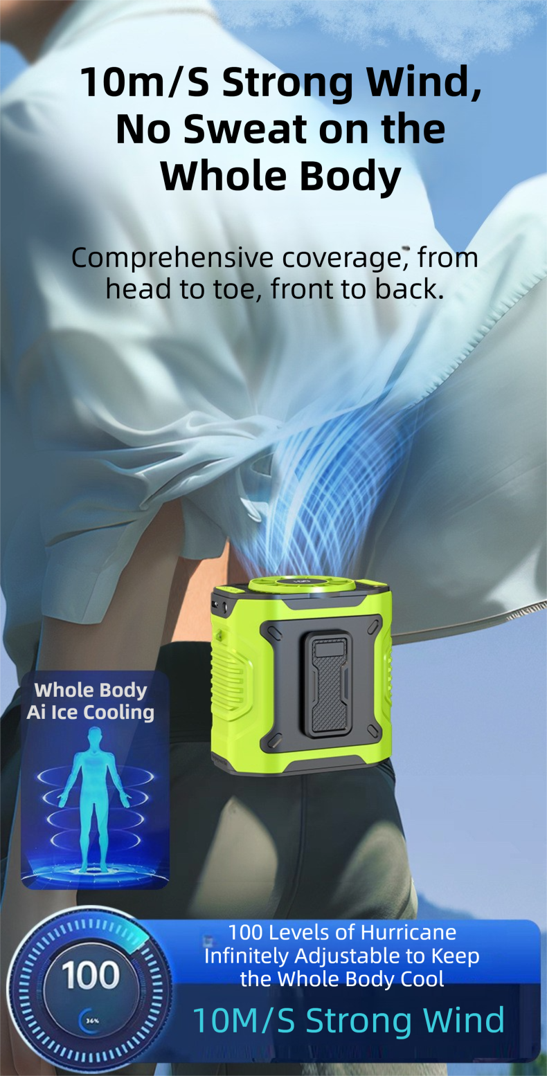 Light Green Portable Waist Fan - Construction Site Cooling Solution with 360° Turbo Ice Engine, 100 Speed Gears, and LED Light 5