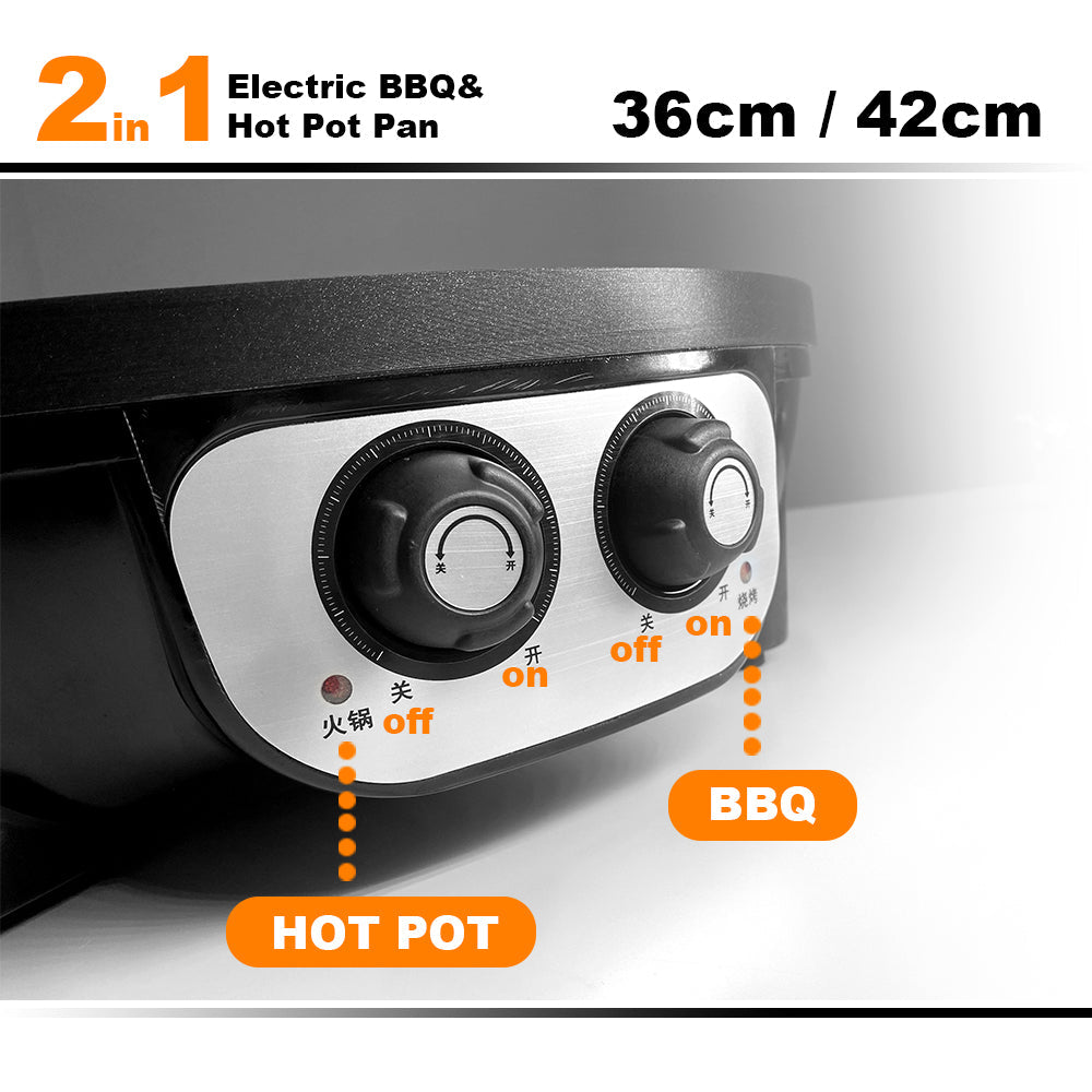 Electric 2 In 1 Non-Stick BBQ Plate Hot Pot Pan For Party Shabu Grill Barbecue 42cm 4