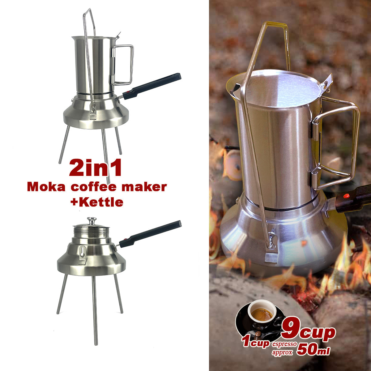 2 In 1 Camping Stainless Steel 9Cup Pot Moka Coffee Maker Italian Espresso Kettle 2024 NEW MODLE 3