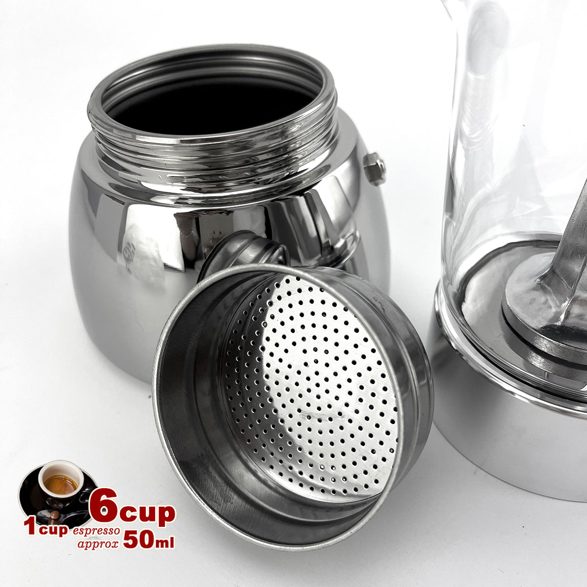 Borosilicate Glass Stainless Steel Moka Pot Coffee Maker Italian Espresso 6Cups 6