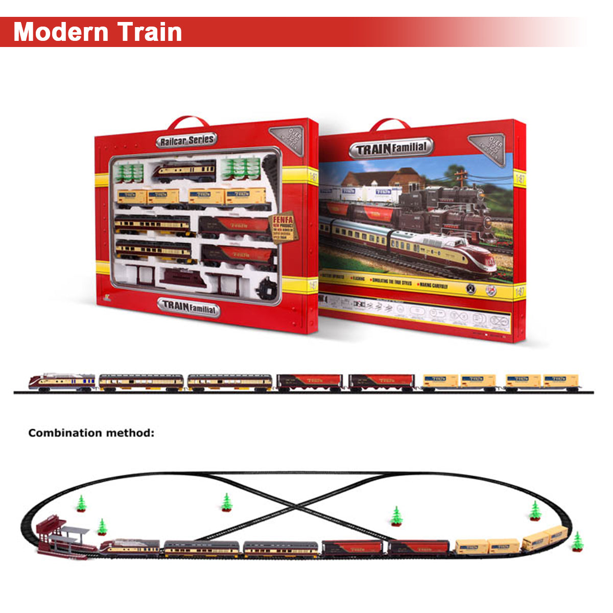 Electric Modern Toy Train Set Vehicle Rail Track Carriages With sound and lighting Kids 3