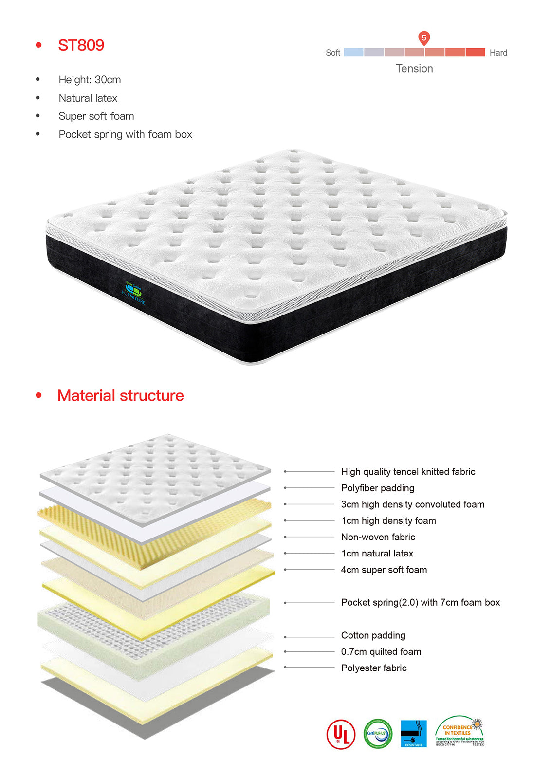 Queen Size 30cm Tencel Latex Soft Pocket Spring Mattress 5