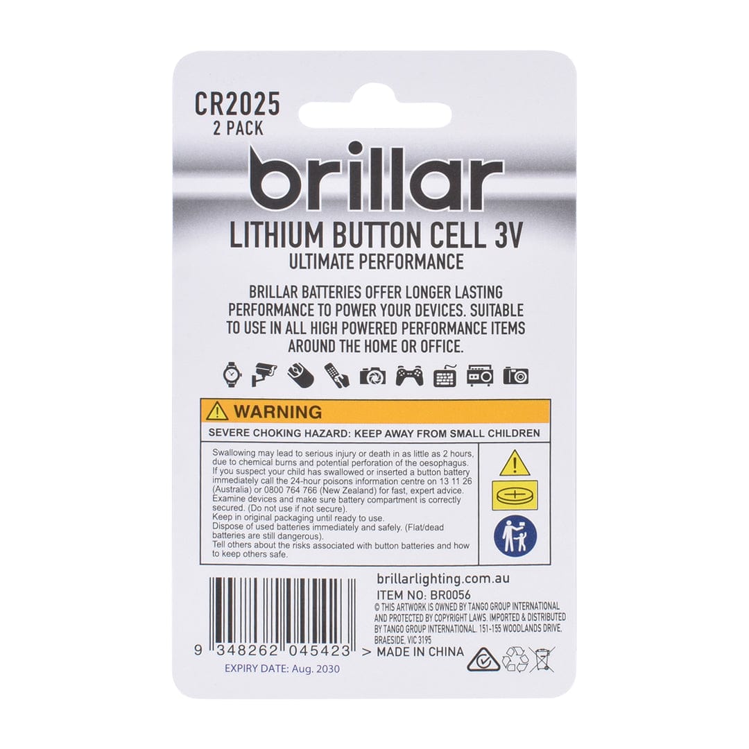 Brillar CR2025 Lithium Button Cell 2pk 3