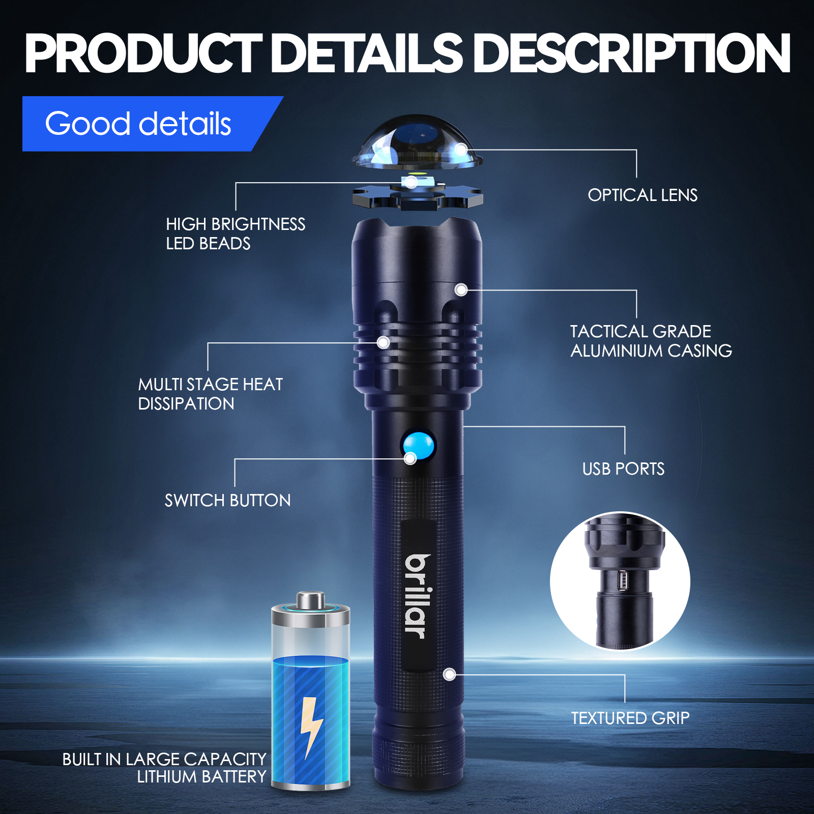 Brillar Commander - 4000 Lumen USB Rechargeable Torch 3