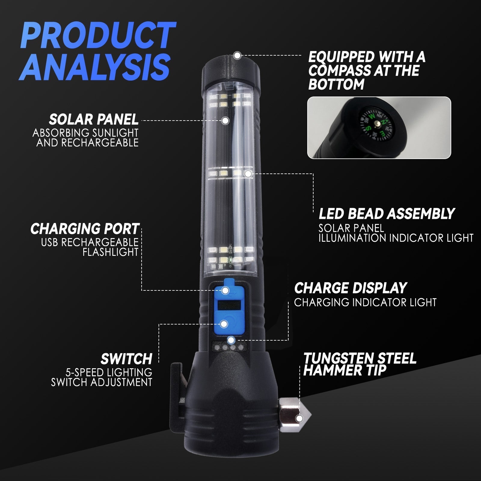 Brillar 150 Lumen Solar Power USB rechargeable Multifunction Trekking Torch 3