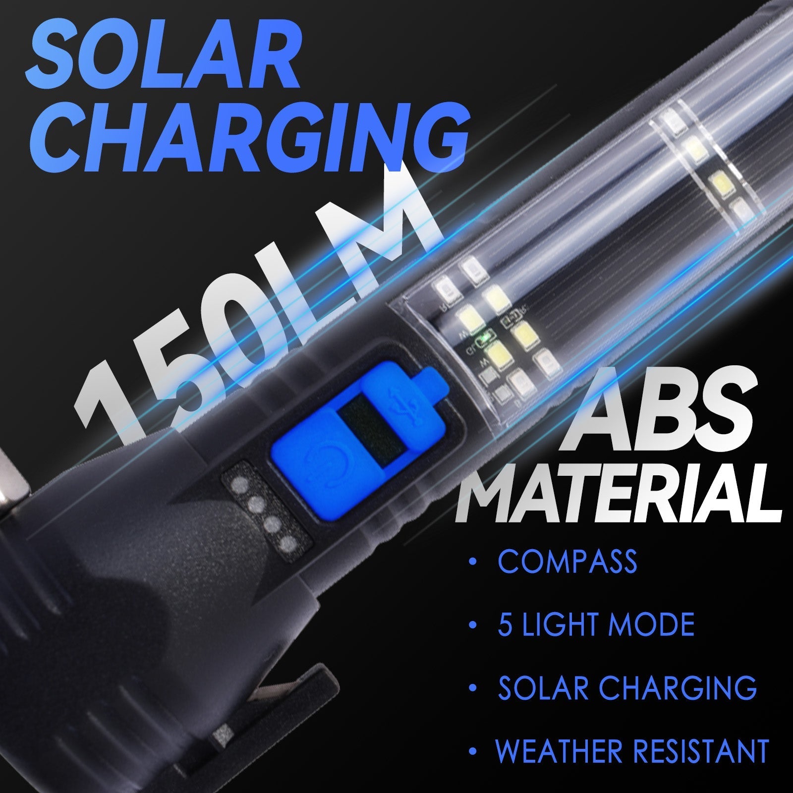 Brillar 150 Lumen Solar Power USB rechargeable Multifunction Trekking Torch 4