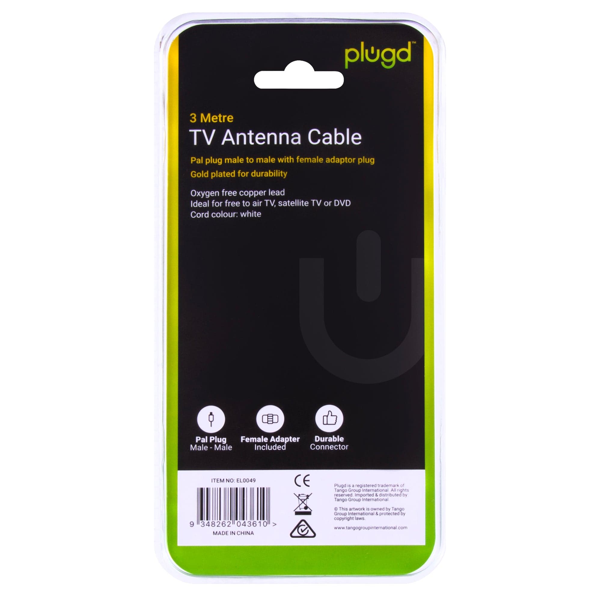 PLUGD 3 Meter PAL to PAL TV Antenna Cable with Female Adaptor 3