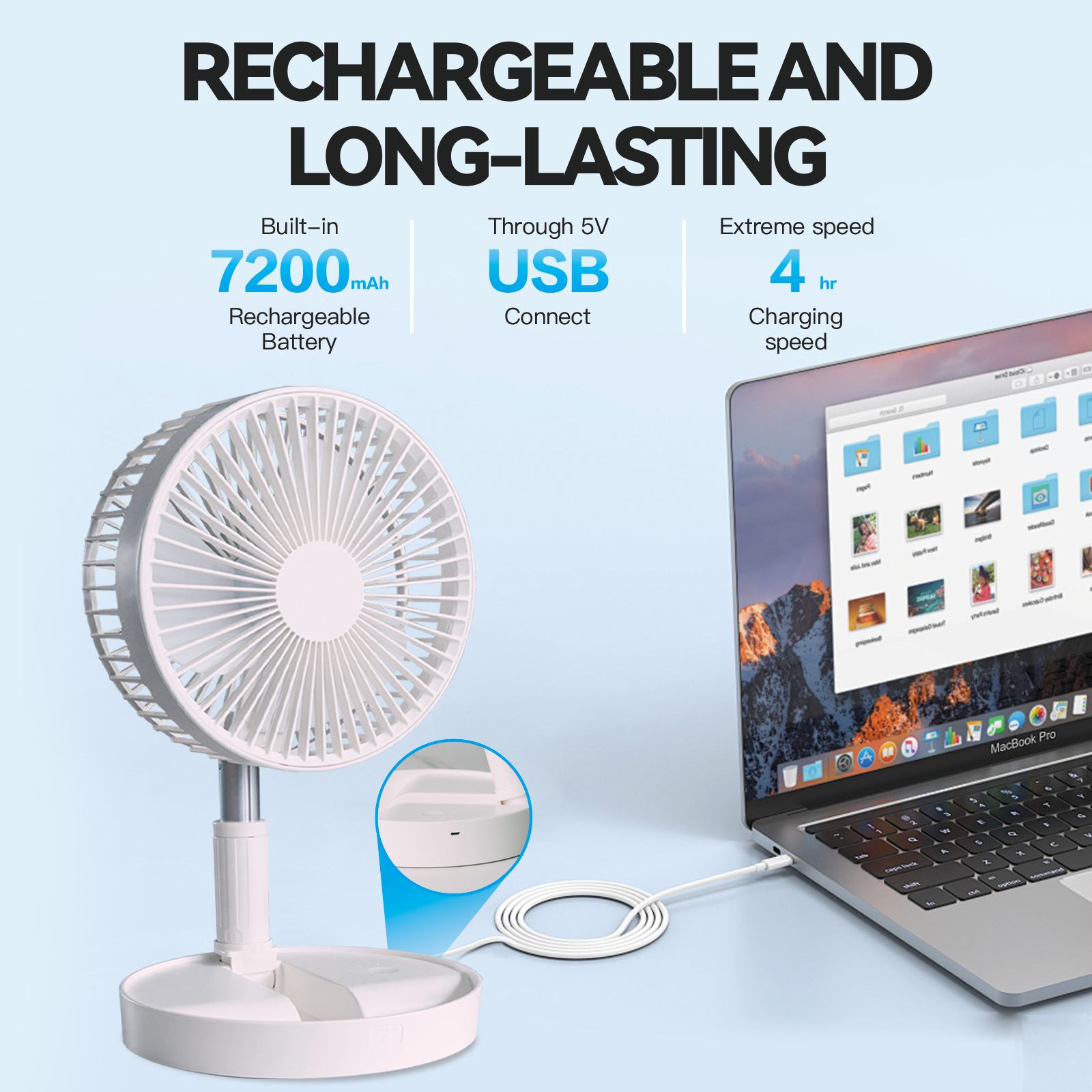 Folding Telescopic 4.5W Portable Height/Tilt Adjustable Rechargeable Cordless Fan 3