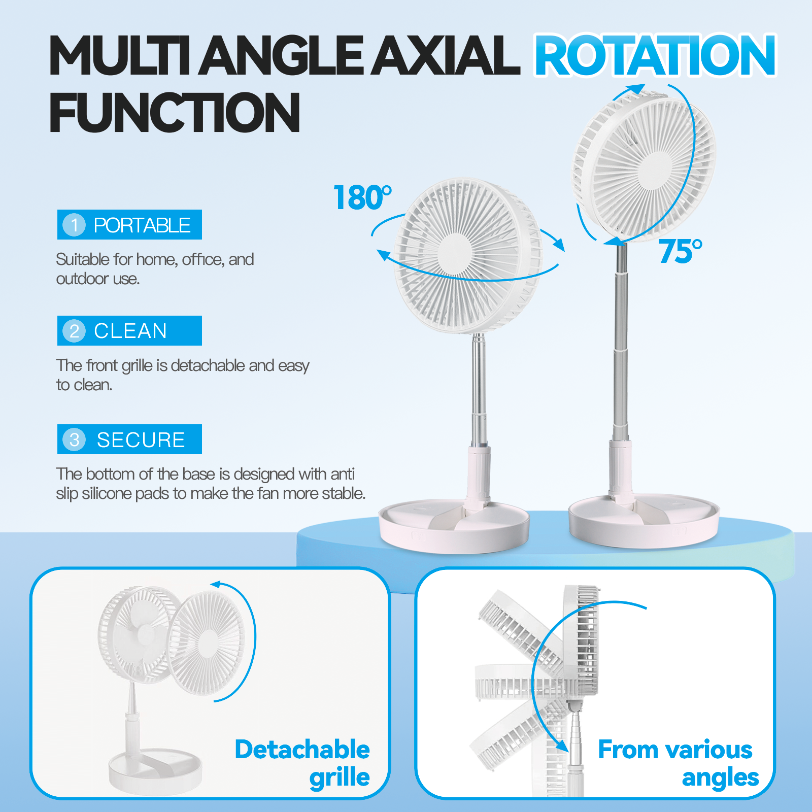 Folding Telescopic 4.5W Portable Height/Tilt Adjustable Rechargeable Cordless Fan 4