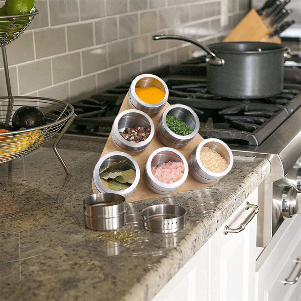 Magnetic Triangular Bamboo Spice Rack & Jars For Kitchen Storage 5