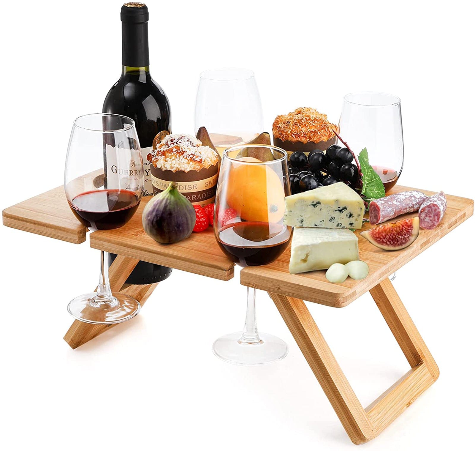 Bamboo Foldable Picnic Table Tray with Wine and Glass Holders 3