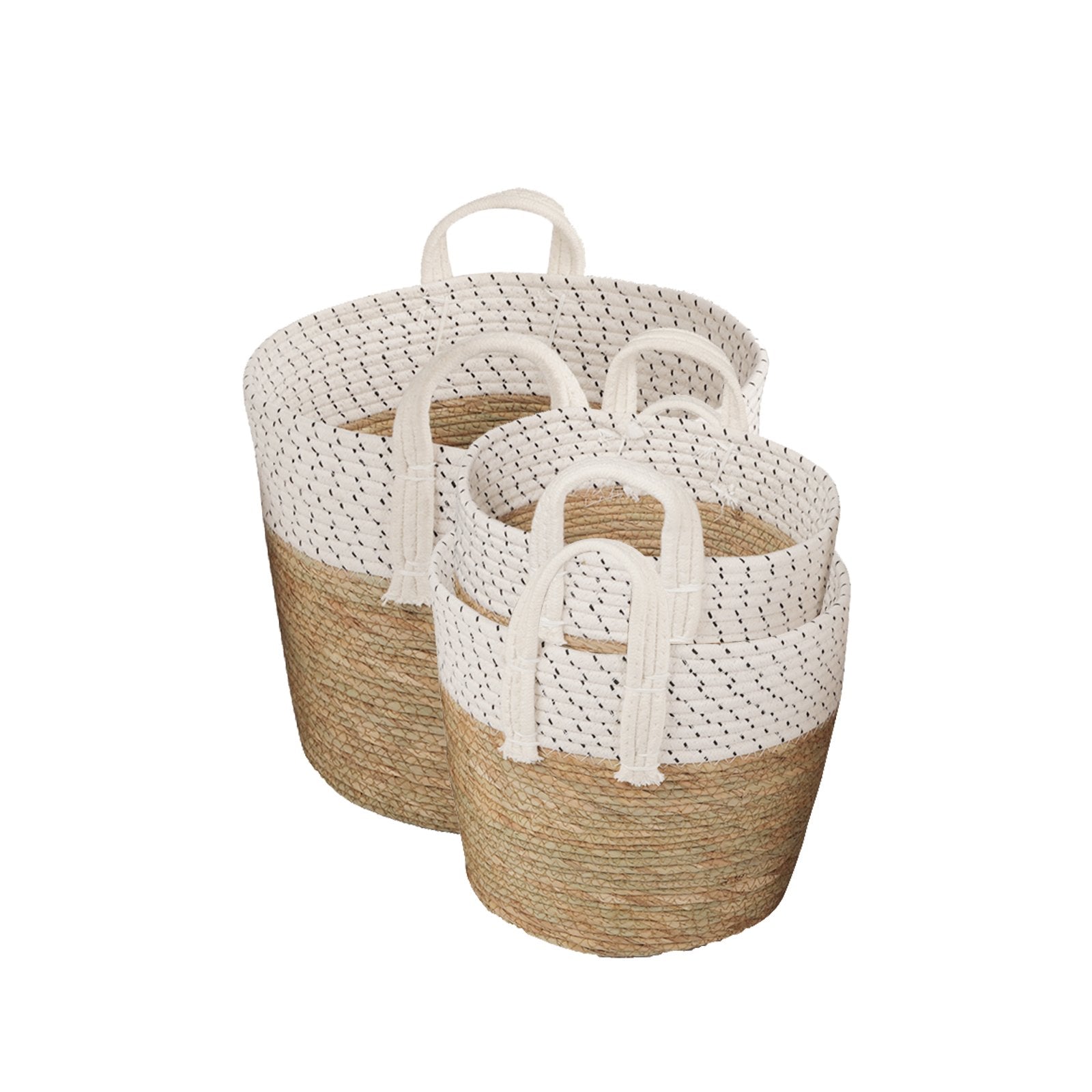 3 Piece Cotton Rope Stripe Carry Handles Storage Baskets Set 3